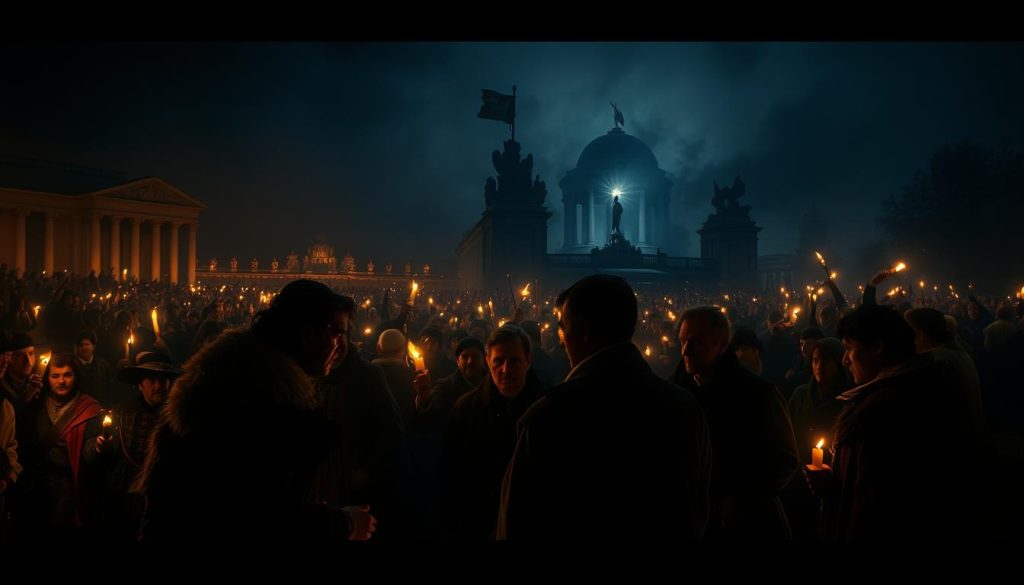 A dramatic historical scene unfolding in a dimly lit, moody atmosphere. In the foreground, figures in period costumes engage in tense discussions, their expressions intense and serious. The middle ground is filled with crowds of people, their faces illuminated by flickering torchlight. In the background, the silhouettes of stately buildings and monuments loom, hinting at the grand scale of the events. Dramatic chiaroscuro lighting casts dramatic shadows, creating a sense of mystery and foreboding. The composition is balanced and visually compelling, drawing the viewer's eye to the central action. An air of historical significance and high drama permeates the scene. A dramatic historical scene unfolding in a dimly lit, moody atmosphere. In the foreground, figures in period costumes engage in tense discussions, their expressions intense and serious. The middle ground is filled with crowds of people, their faces illuminated by flickering torchlight. In the background, the silhouettes of stately buildings and monuments loom, hinting at the grand scale of the events. Dramatic chiaroscuro lighting casts dramatic shadows, creating a sense of mystery and foreboding. The composition is balanced and visually compelling, drawing the viewer's eye to the central action. An air of historical significance and high drama permeates the scene.