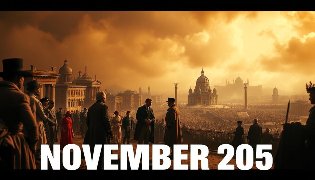 A dramatic scene of key historical events on November 25th, captured with cinematic lighting and a wide, sweeping perspective. In the foreground, a pivotal moment unfolds - figures in period attire engaged in a significant dialogue or confrontation. The middle ground reveals a larger tableau of significant landmarks, buildings, or gatherings, conveying the global impact of the day's occurrences. The background is shrouded in atmospheric hues, suggesting the weight of history and the passage of time. The composition strikes a balance between attention-grabbing details and a sense of grandeur, inviting the viewer to immerse themselves in the visually captivating chronicle of this momentous date. A dramatic scene of key historical events on November 25th, captured with cinematic lighting and a wide, sweeping perspective. In the foreground, a pivotal moment unfolds - figures in period attire engaged in a significant dialogue or confrontation. The middle ground reveals a larger tableau of significant landmarks, buildings, or gatherings, conveying the global impact of the day's occurrences. The background is shrouded in atmospheric hues, suggesting the weight of history and the passage of time. The composition strikes a balance between attention-grabbing details and a sense of grandeur, inviting the viewer to immerse themselves in the visually captivating chronicle of this momentous date.