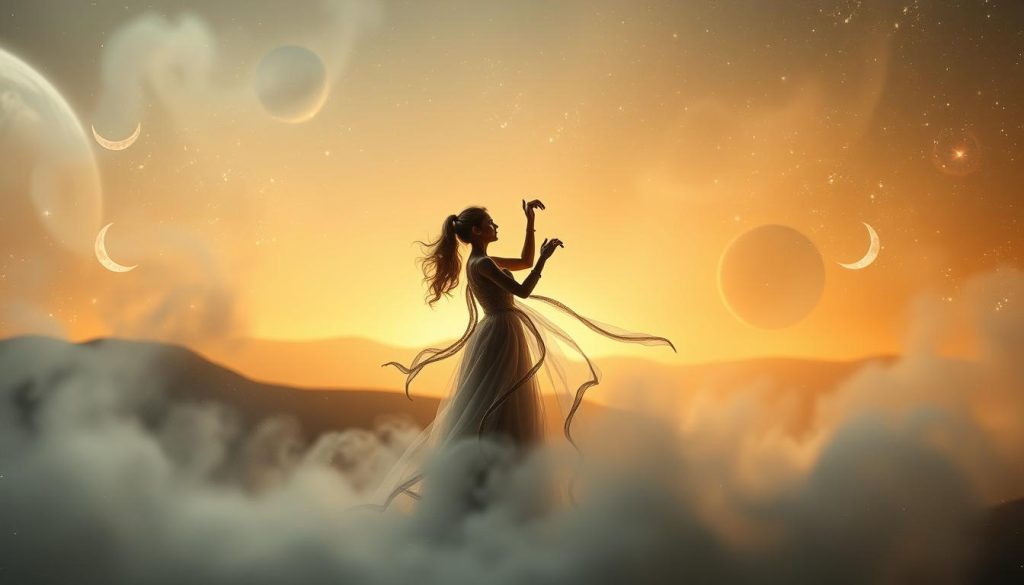 A dreamy, atmospheric scene depicting the compatibility between a Scorpio and a Wooden Snake on November 7th, 2025. In the foreground, two ethereal, intertwined figures representing the zodiac signs dance amidst a swirling veil of mist and stardust. Their movements are graceful and harmonious, conveying a sense of deep connection and understanding. In the middle ground, a celestial landscape unfolds, with planets, crescent moons, and distant galaxies creating a mystical, otherworldly backdrop. The lighting is soft and diffused, emanating a warm, golden glow that bathes the scene in an aura of tranquility and serenity. The overall composition is balanced and visually striking, capturing the essence of the astrological compatibility between these two signs on this particular date.