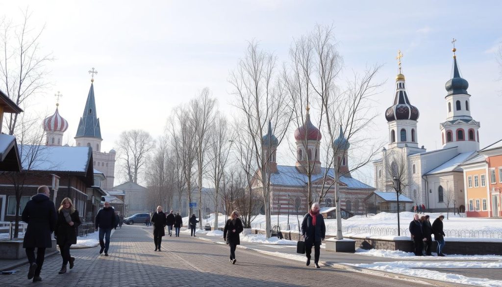 A frosty November morning in a quaint Russian town, the iconic onion-domed churches stand tall against a pale blue sky. Slender birch trees sway gently, their bare branches etched against the crisp air. A dusting of snow covers the cobblestone streets, where locals hurry past, bundled in warm coats and scarves. In the distance, the chimes of a church bell echo, marking the hour. The scene exudes a sense of timeless tradition and quiet contemplation, perfectly capturing the essence of the day.
