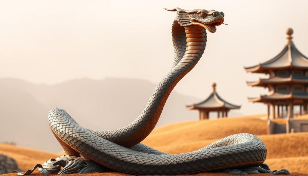 A grand and ornate wooden sculpture of a serpent, its sinuous form twisting and coiling gracefully against a backdrop of warm, earthy tones. The snake's scales glimmer with a subtle metallic sheen, its head held high with a regal, watchful gaze. The sculpture is set against a serene, meditative landscape, with a pagoda-style temple or pavilion in the distance, its curved roofs and delicate architecture reflecting the harmonious, natural aesthetic. Soft, diffused lighting casts gentle shadows, imbuing the scene with a sense of tranquility and contemplation. The overall composition evokes the elegance, wisdom, and cyclical nature associated with the Year of the Wooden Snake. A grand and ornate wooden sculpture of a serpent, its sinuous form twisting and coiling gracefully against a backdrop of warm, earthy tones. The snake's scales glimmer with a subtle metallic sheen, its head held high with a regal, watchful gaze. The sculpture is set against a serene, meditative landscape, with a pagoda-style temple or pavilion in the distance, its curved roofs and delicate architecture reflecting the harmonious, natural aesthetic. Soft, diffused lighting casts gentle shadows, imbuing the scene with a sense of tranquility and contemplation. The overall composition evokes the elegance, wisdom, and cyclical nature associated with the Year of the Wooden Snake.