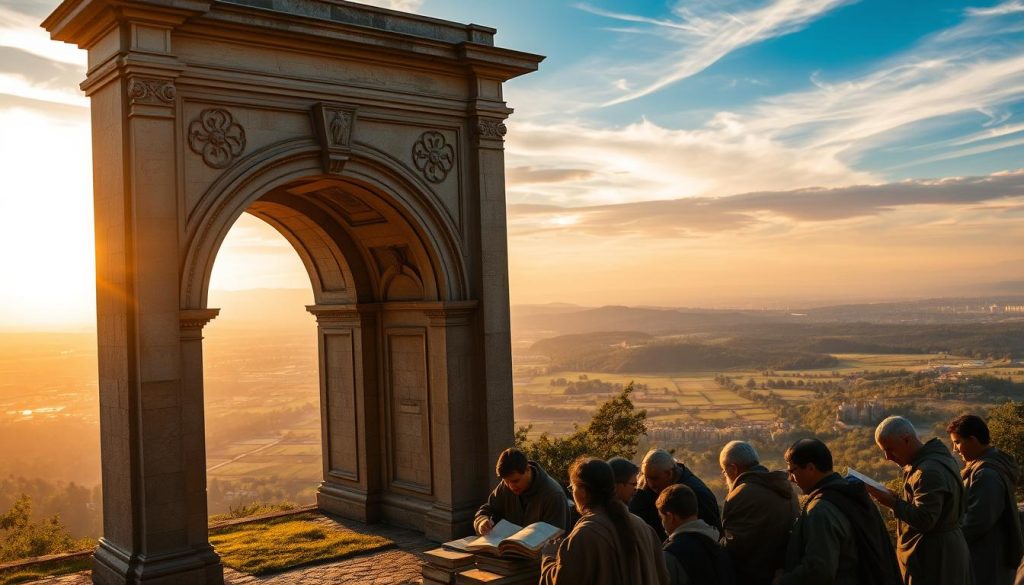 A grand archway stands as the focal point, its intricate carvings and weathered stone evoking a sense of timeless grandeur. Beyond the arch, a sprawling landscape unfolds, a tapestry of rolling hills, verdant forests, and glimmering waterways. The sky above is a masterful blend of warm hues, the sun's rays filtering through wispy clouds, casting a soft, ethereal glow over the scene. In the foreground, a group of scholars and historians gather, poring over ancient tomes and documents, their expressions rapt with the weight of the knowledge they seek to uncover. The scene conveys a sense of intellectual discovery, a reverence for the past, and the enduring importance of understanding our history. A grand archway stands as the focal point, its intricate carvings and weathered stone evoking a sense of timeless grandeur. Beyond the arch, a sprawling landscape unfolds, a tapestry of rolling hills, verdant forests, and glimmering waterways. The sky above is a masterful blend of warm hues, the sun's rays filtering through wispy clouds, casting a soft, ethereal glow over the scene. In the foreground, a group of scholars and historians gather, poring over ancient tomes and documents, their expressions rapt with the weight of the knowledge they seek to uncover. The scene conveys a sense of intellectual discovery, a reverence for the past, and the enduring importance of understanding our history.