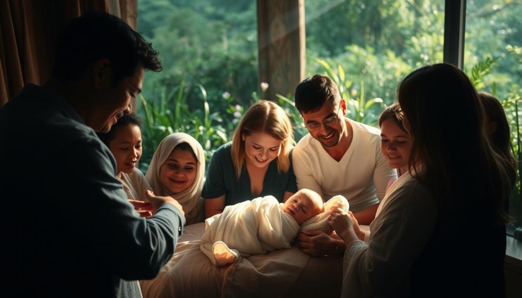 A grand celebration of birth, capturing the essence of a momentous occasion. A serene, dimly lit room filled with warmth and joy. The newborn, swaddled in soft fabrics, lies peacefully in the center, bathed in a gentle, heavenly glow. Surrounding the child, loved ones gather, their expressions radiating adoration and wonder. In the background, a lush, verdant setting evokes a sense of new beginnings and natural harmony. Soft, diffused lighting casts a dreamlike, ethereal quality, heightening the emotional resonance. A timeless moment of pure, unconditional love and the miracle of life.