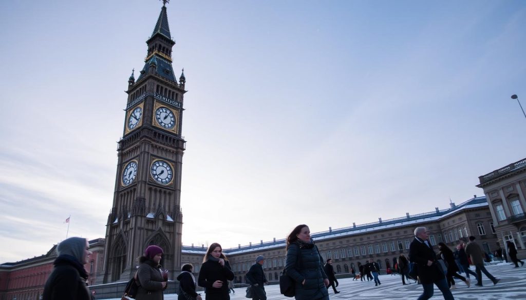 A grand, ornate clock tower stands tall against a crisp, winter sky, its intricate spire and decorative facade casting a majestic shadow over a bustling square below. Snowflakes drift lazily through the air, adding a serene, ethereal quality to the scene. In the foreground, a group of people bundled in warm coats and scarves hurry past, their breath visible in the chilly air. The overall atmosphere evokes a sense of history, tradition, and the contemplative nature of the 23rd of November. A grand, ornate clock tower stands tall against a crisp, winter sky, its intricate spire and decorative facade casting a majestic shadow over a bustling square below. Snowflakes drift lazily through the air, adding a serene, ethereal quality to the scene. In the foreground, a group of people bundled in warm coats and scarves hurry past, their breath visible in the chilly air. The overall atmosphere evokes a sense of history, tradition, and the contemplative nature of the 23rd of November.
