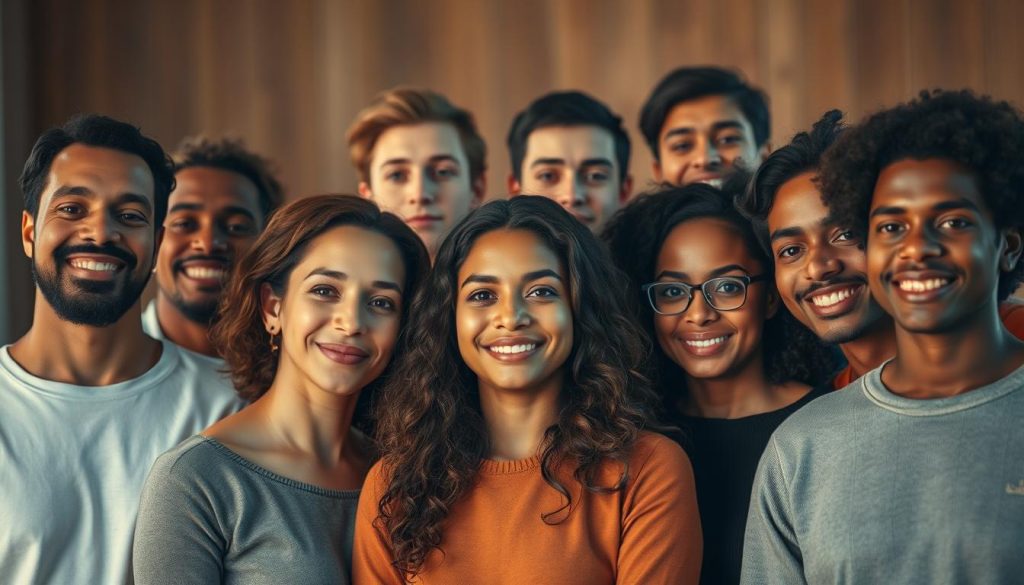 A group of diverse individuals, each with their own unique talents and personalities, standing together in a harmonious composition. Soft, warm lighting illuminates their faces, capturing the essence of their individuality and the connections between them. The background is subtly blurred, allowing the subjects to take center stage. Their expressions range from contemplative to vibrant, showcasing the breadth of human experiences. The overall atmosphere conveys a sense of unity, potential, and the celebration of diverse gifts. The image aims to embody the spirit of the section "Рожденные 19.09.2025: таланты, профессии и гендерные акценты".