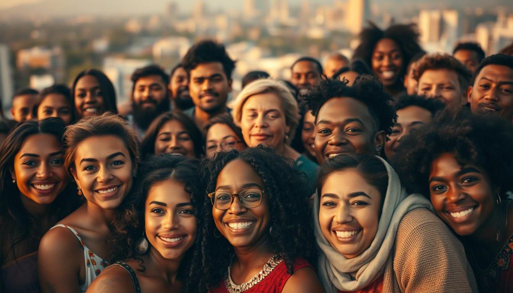 A group of diverse individuals, gathered together in a celebratory atmosphere, reflecting the rich tapestry of human life and experience. Warm, diffuse lighting illuminates their faces, casting a gentle glow that emphasizes their unique features and expressions. The scene is captured from a slightly elevated angle, giving a sense of inclusiveness and community. In the background, a blurred cityscape or natural landscape provides a subtle, contextual backdrop, hinting at the broader world beyond the immediate gathering. The overall mood is one of unity, inspiration, and the appreciation of human diversity. A group of diverse individuals, gathered together in a celebratory atmosphere, reflecting the rich tapestry of human life and experience. Warm, diffuse lighting illuminates their faces, casting a gentle glow that emphasizes their unique features and expressions. The scene is captured from a slightly elevated angle, giving a sense of inclusiveness and community. In the background, a blurred cityscape or natural landscape provides a subtle, contextual backdrop, hinting at the broader world beyond the immediate gathering. The overall mood is one of unity, inspiration, and the appreciation of human diversity.