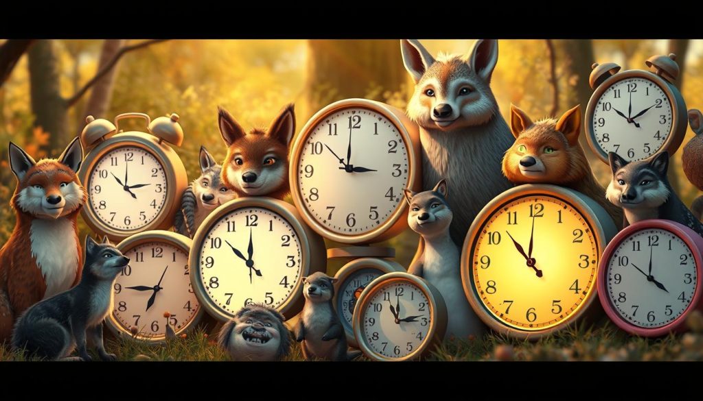 a highly detailed, photorealistic illustration of a variety of animal clocks or "animal clocks", featuring different animal species representing the hours of the day. The clocks are displayed in a warm, natural setting, such as a woodland or meadow, with soft, diffused lighting that highlights the intricate details of the animal features. The clocks are arranged in a visually pleasing, harmonious composition, with each animal clock positioned in a way that suggests the flow of time throughout the day. The overall mood is one of whimsy, wonder, and a sense of the natural world's rhythms and cycles. The image should not contain any text or captions. a highly detailed, photorealistic illustration of a variety of animal clocks or "animal clocks", featuring different animal species representing the hours of the day. The clocks are displayed in a warm, natural setting, such as a woodland or meadow, with soft, diffused lighting that highlights the intricate details of the animal features. The clocks are arranged in a visually pleasing, harmonious composition, with each animal clock positioned in a way that suggests the flow of time throughout the day. The overall mood is one of whimsy, wonder, and a sense of the natural world's rhythms and cycles. The image should not contain any text or captions.