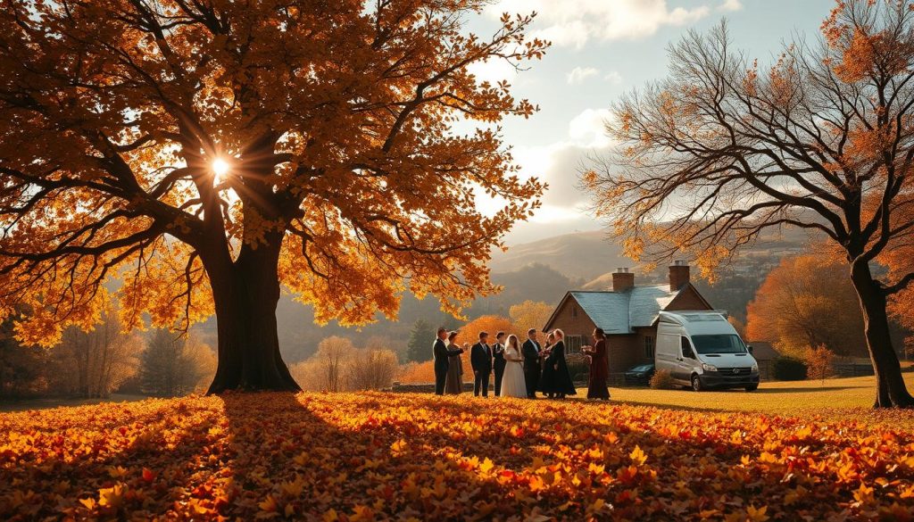 A lavish, autumnal scene depicting the birth of November. In the foreground, a majestic oak tree stands, its branches heavy with golden leaves. Beneath it, a lush carpet of fallen foliage in shades of amber, crimson, and ochre. Bathed in warm, golden light filtering through wispy clouds, the scene exudes a sense of tranquility and celebration. In the middle ground, a gathering of figures in period costumes from the late 19th century, toasting and embracing, marking the occasion. The background features a rolling hillside landscape, with a quaint village nestled in the distance, its rooftops dusted with the first snowfall of the season. The overall mood is one of reverence, tradition, and the natural beauty of the changing seasons. A lavish, autumnal scene depicting the birth of November. In the foreground, a majestic oak tree stands, its branches heavy with golden leaves. Beneath it, a lush carpet of fallen foliage in shades of amber, crimson, and ochre. Bathed in warm, golden light filtering through wispy clouds, the scene exudes a sense of tranquility and celebration. In the middle ground, a gathering of figures in period costumes from the late 19th century, toasting and embracing, marking the occasion. The background features a rolling hillside landscape, with a quaint village nestled in the distance, its rooftops dusted with the first snowfall of the season. The overall mood is one of reverence, tradition, and the natural beauty of the changing seasons.