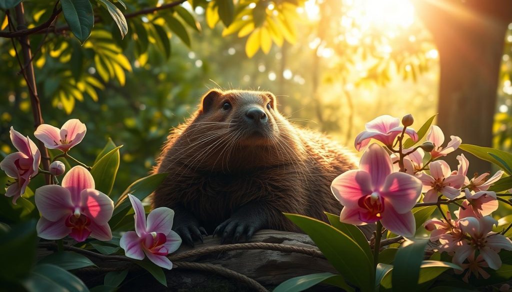 A lush, verdant scene of a Slavic and Druidic intertwining - a beaver, an orchid, and jasmine blossoms. The beaver, a symbol of industrious nature, sits amidst the delicate orchid's regal petals and the intoxicating jasmine flowers. Dappled sunlight filters through the canopy, casting a warm, golden glow over the tranquil tableau. Earthy tones and rich, saturated hues evoke the mystical connection between these three elements. The composition is balanced, with the beaver as the central focus, flanked by the orchid and jasmine in a harmonious, almost spiritual arrangement. A sense of timeless, natural magic pervades the scene, inviting the viewer to connect with the ancient, primal energies of this Slavic and Druidic circle. A lush, verdant scene of a Slavic and Druidic intertwining - a beaver, an orchid, and jasmine blossoms. The beaver, a symbol of industrious nature, sits amidst the delicate orchid's regal petals and the intoxicating jasmine flowers. Dappled sunlight filters through the canopy, casting a warm, golden glow over the tranquil tableau. Earthy tones and rich, saturated hues evoke the mystical connection between these three elements. The composition is balanced, with the beaver as the central focus, flanked by the orchid and jasmine in a harmonious, almost spiritual arrangement. A sense of timeless, natural magic pervades the scene, inviting the viewer to connect with the ancient, primal energies of this Slavic and Druidic circle.