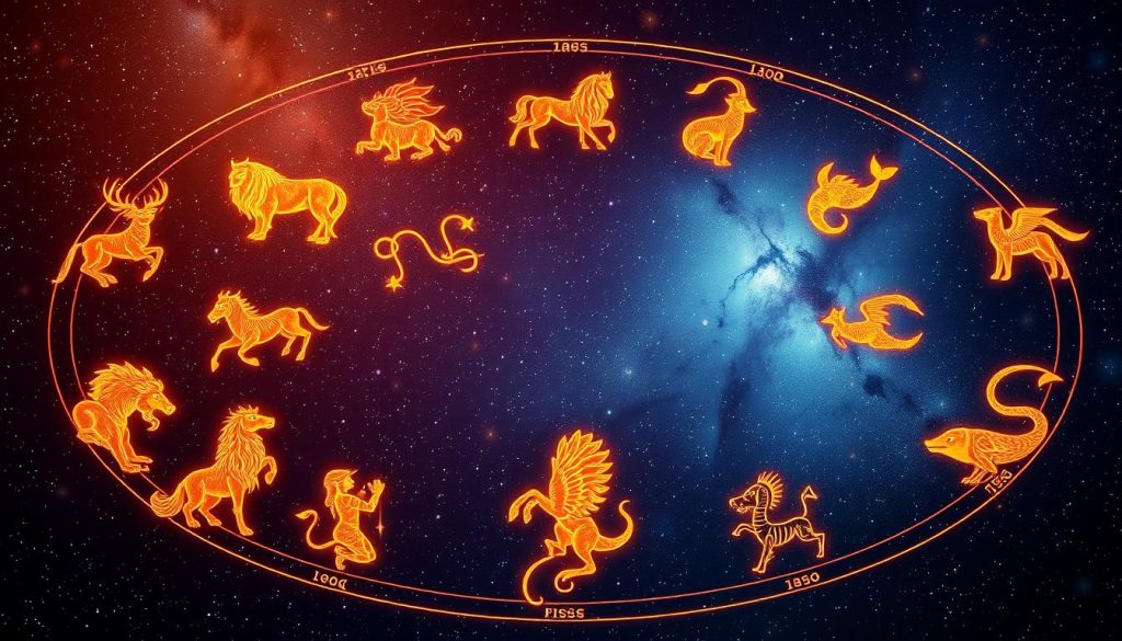 A majestic illustration of the twelve Western zodiac signs, set against a mystical, starry night sky. The signs - Aries, Taurus, Gemini, Cancer, Leo, Virgo, Libra, Scorpio, Sagittarius, Capricorn, Aquarius, and Pisces - are depicted in intricate, ethereal detail, each with its distinct symbolic animal or figure, evoking the core essence and energies of the astrological archetypes. The image is bathed in a warm, celestial glow, with the signs arranged harmoniously, conveying a sense of cosmic balance and interconnectedness. The overall atmosphere is one of enchantment, inviting the viewer to explore the depths of Western astrology and its elemental foundations. A majestic illustration of the twelve Western zodiac signs, set against a mystical, starry night sky. The signs - Aries, Taurus, Gemini, Cancer, Leo, Virgo, Libra, Scorpio, Sagittarius, Capricorn, Aquarius, and Pisces - are depicted in intricate, ethereal detail, each with its distinct symbolic animal or figure, evoking the core essence and energies of the astrological archetypes. The image is bathed in a warm, celestial glow, with the signs arranged harmoniously, conveying a sense of cosmic balance and interconnectedness. The overall atmosphere is one of enchantment, inviting the viewer to explore the depths of Western astrology and its elemental foundations.
