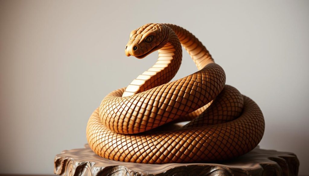A majestic wooden sculpture of a coiled serpent, its intricate scales carved with utmost precision. The serpent's body twists and turns, creating a captivating sense of movement and energy. Warm, earthy tones of the wood complement the flowing lines, evoking a connection to the natural world. The sculpture is illuminated by a soft, diffused light, casting subtle shadows that accentuate the depth and texture of the carving. The serpent's head is raised, its gaze intent and watchful, radiating an aura of wisdom and power. This striking image captures the essence of the Year of the Wooden Snake, a symbol of transformation, intuition, and the harmonious integration of yin and yang energies. A majestic wooden sculpture of a coiled serpent, its intricate scales carved with utmost precision. The serpent's body twists and turns, creating a captivating sense of movement and energy. Warm, earthy tones of the wood complement the flowing lines, evoking a connection to the natural world. The sculpture is illuminated by a soft, diffused light, casting subtle shadows that accentuate the depth and texture of the carving. The serpent's head is raised, its gaze intent and watchful, radiating an aura of wisdom and power. This striking image captures the essence of the Year of the Wooden Snake, a symbol of transformation, intuition, and the harmonious integration of yin and yang energies.