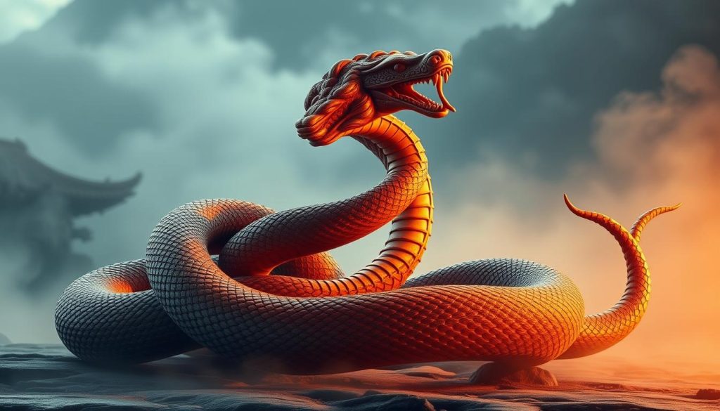 A majestic wooden serpent coiled gracefully, its scales carved with intricate patterns that shimmer under warm, dramatic lighting. The serpent's body twists and undulates, its sinuous movements captured in a dynamic, flowing composition. The background is a serene, mist-shrouded landscape, hinting at the serpent's ancient origins and mystical connection to the natural world. The overall atmosphere is one of reverence and wonder, capturing the essence of the Chinese Year of the Wooden Snake and its profound influence. A majestic wooden serpent coiled gracefully, its scales carved with intricate patterns that shimmer under warm, dramatic lighting. The serpent's body twists and undulates, its sinuous movements captured in a dynamic, flowing composition. The background is a serene, mist-shrouded landscape, hinting at the serpent's ancient origins and mystical connection to the natural world. The overall atmosphere is one of reverence and wonder, capturing the essence of the Chinese Year of the Wooden Snake and its profound influence.