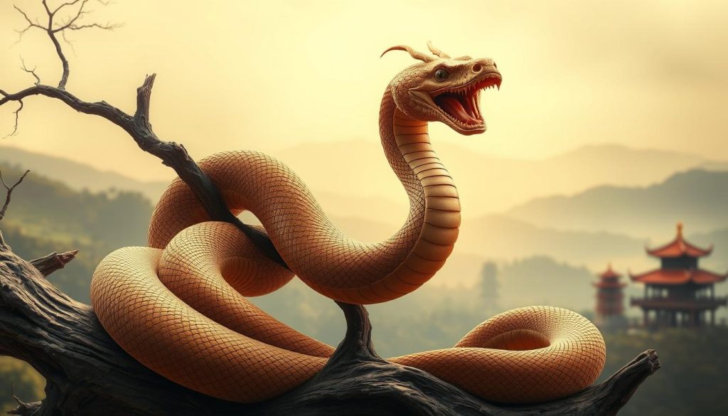 A majestic wooden snake, its sinuous form coiled around a gnarled branch, its scales shimmering in the warm, golden light. The serpent's head is raised, its piercing eyes conveying a sense of ancient wisdom and mysticism. The background is a serene, misty landscape, with rolling hills and a distant pagoda, evoking the tranquil essence of traditional Chinese art. The composition is balanced and harmonious, capturing the essence of the Year of the Wooden Snake with a touch of timeless elegance.
