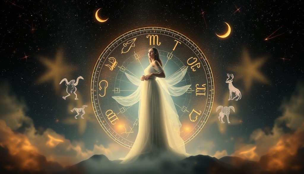 A mystical, astrological tableau depicting the 12 zodiac signs. In the foreground, an elegant, ethereal figure representing the personification of the zodiac wheel, surrounded by symbolic celestial elements - crescent moons, shooting stars, and glimmering constellations. In the middle ground, the 12 zodiac symbols float in an otherworldly, nebulous realm, each sign distinct yet harmoniously interconnected. The background is a vast, starry night sky, infused with a warm, otherworldly glow, creating a sense of timeless, cosmic wonder. The overall mood is one of mysticism, introspection, and the profound connection between humanity and the rhythms of the heavens. A mystical, astrological tableau depicting the 12 zodiac signs. In the foreground, an elegant, ethereal figure representing the personification of the zodiac wheel, surrounded by symbolic celestial elements - crescent moons, shooting stars, and glimmering constellations. In the middle ground, the 12 zodiac symbols float in an otherworldly, nebulous realm, each sign distinct yet harmoniously interconnected. The background is a vast, starry night sky, infused with a warm, otherworldly glow, creating a sense of timeless, cosmic wonder. The overall mood is one of mysticism, introspection, and the profound connection between humanity and the rhythms of the heavens.