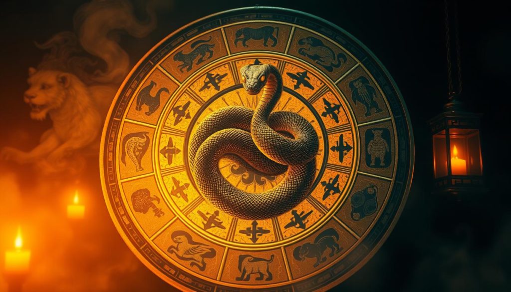A mystical Benmingnian zodiac wheel, its intricate design a tapestry of ancient symbols and serpentine patterns. The central image, a coiled snake, its scales shimmering with an otherworldly glow, represents the Year of the Snake - a time of transformation, intuition and destiny. Surrounding the snake, the 12 animal signs of the Benmingnian zodiac, each imbued with its own unique energy and significance. The scene is bathed in a warm, amber light, casting a contemplative, almost spiritual atmosphere. The composition is balanced and symmetrical, drawing the viewer's eye to the mesmerizing central image. This image serves as a gateway to the mystical realm of Benmingnian astrology, a powerful representation of the "Year of Destiny" for those born under the sign of the Snake.