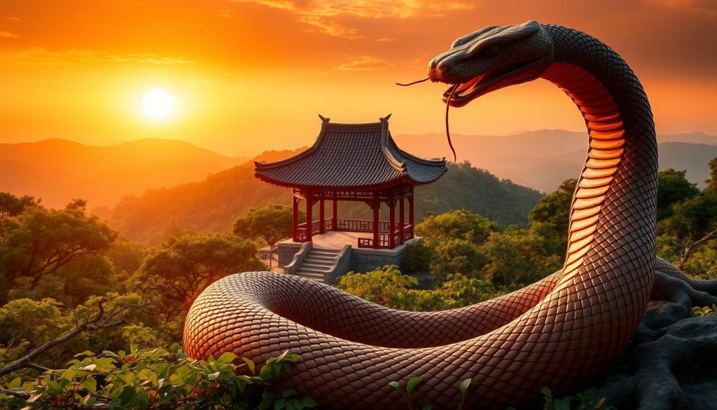 A mystical Chinese landscape bathed in the warm glow of a setting sun, with a majestic wooden snake coiled gracefully in the foreground. The snake's scales glisten, reflecting the reddish-orange hues of the sky. In the middle ground, a traditional Chinese pavilion stands amidst lush greenery, its elegant curved roof and intricate architectural details suggesting the timeless elegance of the Year of the Wooden Snake. In the distance, rolling hills recede into a hazy horizon, creating a sense of depth and tranquility. The entire scene evokes a harmonious fusion of nature and ancient tradition, capturing the essence of the Chinese zodiac's Year of the Wooden Snake.