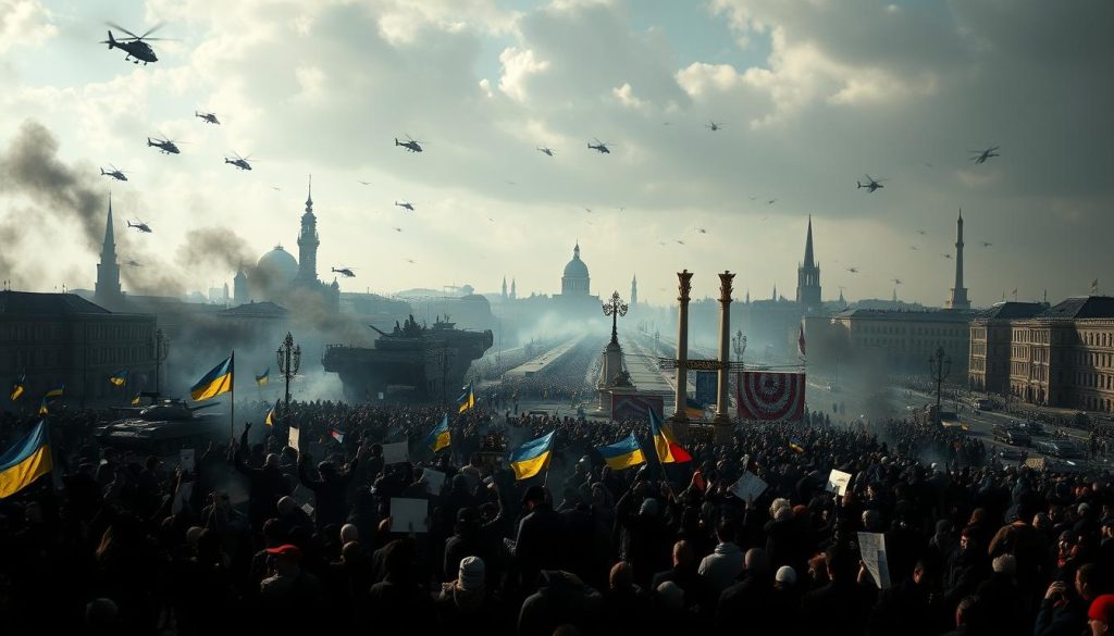 A panoramic historical scene depicting key events of November in Ukraine and the world. In the foreground, a chaotic crowd gathers, waving flags and banners amidst the smoke of revolution. In the middle ground, tanks and armored vehicles rumble through city streets, while helicopters and fighter jets soar overhead. In the distant background, towering monuments and landmarks stand as silent witnesses to the unfolding drama. The lighting is dramatic, with strong chiaroscuro effects casting deep shadows and highlights that heighten the sense of tension and uncertainty. The overall mood is one of turbulence and upheaval, captured through a cinematic, wide-angle lens that immerses the viewer in the historic events.