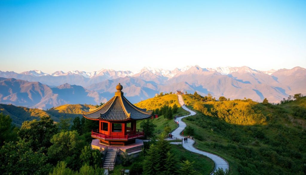 A scenic landscape of the Chinese countryside, showcasing the majestic beauty of the Tian Shan Mountains. In the foreground, a traditional Chinese pavilion stands amidst lush greenery, its elegant architecture reflecting the region's rich cultural heritage. In the middle ground, a winding path leads visitors through the tranquil landscape, inviting them to explore the natural wonder of this captivating destination. The background is dominated by the towering peaks of the Tian Shan range, their snow-capped summits bathed in warm, golden light. The overall scene conveys a sense of serenity and timelessness, capturing the essence of China's enduring traditions and the allure of its breathtaking landscapes.