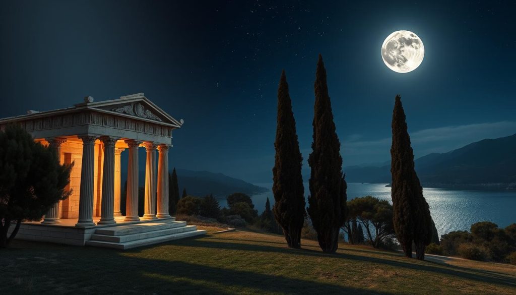 A serene ancient Greek landscape, illuminated by the soft glow of the moon. In the foreground, a majestic temple dedicated to the goddess Artemis, its marble columns and intricate carvings bathed in a silvery light. Tall cypress trees sway gently in the evening breeze, their shadows dancing across the ground. In the distance, a shimmering lake reflects the night sky, its still waters mirroring the constellations above. The atmosphere is one of tranquility and timeless elegance, evoking the essence of the period of Artemis and its celestial influence. A serene ancient Greek landscape, illuminated by the soft glow of the moon. In the foreground, a majestic temple dedicated to the goddess Artemis, its marble columns and intricate carvings bathed in a silvery light. Tall cypress trees sway gently in the evening breeze, their shadows dancing across the ground. In the distance, a shimmering lake reflects the night sky, its still waters mirroring the constellations above. The atmosphere is one of tranquility and timeless elegance, evoking the essence of the period of Artemis and its celestial influence.