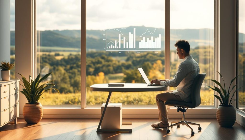 A serene and harmonious scene depicting the interplay of work, wealth, and well-being in 2025. In the foreground, a person sits comfortably at a minimalist desk, focused on their digital tasks, illuminated by warm natural light filtering through large windows. In the middle ground, a stylized visualization of financial charts and graphs hovers, symbolizing the fruits of their labor. In the background, a lush, verdant landscape stretches, conveying a sense of balance and vitality. The overall atmosphere is one of tranquility, productivity, and the attainment of a healthy work-life equilibrium. A serene and harmonious scene depicting the interplay of work, wealth, and well-being in 2025. In the foreground, a person sits comfortably at a minimalist desk, focused on their digital tasks, illuminated by warm natural light filtering through large windows. In the middle ground, a stylized visualization of financial charts and graphs hovers, symbolizing the fruits of their labor. In the background, a lush, verdant landscape stretches, conveying a sense of balance and vitality. The overall atmosphere is one of tranquility, productivity, and the attainment of a healthy work-life equilibrium.