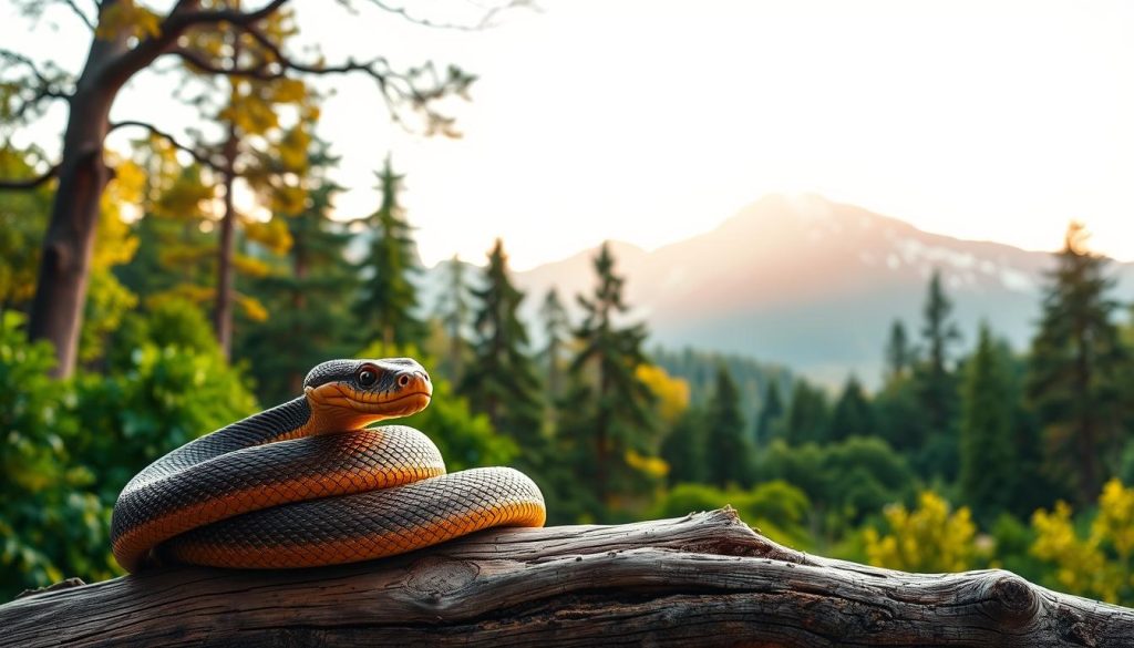 A serene and natural scene depicting the Year of the Wooden Snake. In the foreground, a coiled snake rests on a wooden branch, its scales shimmering in the warm afternoon light. The middle ground features a lush, verdant forest with towering trees and vibrant foliage. Soft, diffused sunlight filters through the canopy, creating a peaceful, tranquil atmosphere. In the background, a majestic mountain range rises, its peaks capped with snow. The overall composition conveys a sense of harmony, balance, and the cyclical nature of time. The lighting is soft and natural, with a golden hue that enhances the organic, earthy tones. The camera angle is slightly elevated, giving a sense of contemplation and perspective. A serene and natural scene depicting the Year of the Wooden Snake. In the foreground, a coiled snake rests on a wooden branch, its scales shimmering in the warm afternoon light. The middle ground features a lush, verdant forest with towering trees and vibrant foliage. Soft, diffused sunlight filters through the canopy, creating a peaceful, tranquil atmosphere. In the background, a majestic mountain range rises, its peaks capped with snow. The overall composition conveys a sense of harmony, balance, and the cyclical nature of time. The lighting is soft and natural, with a golden hue that enhances the organic, earthy tones. The camera angle is slightly elevated, giving a sense of contemplation and perspective.