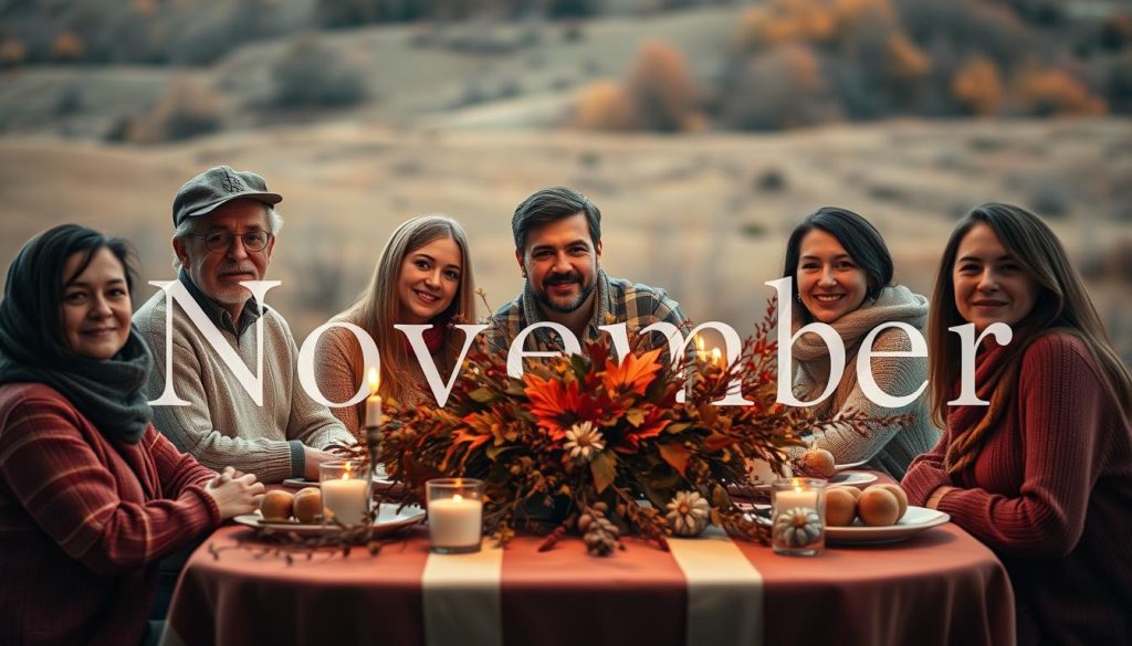 A serene autumn scene with a group of people born in November, gathered around a table adorned with a cozy, rustic arrangement of seasonal flowers and foliage. Warm, diffused lighting casts a gentle glow, creating an inviting atmosphere. The subjects are depicted with a sense of contentment and camaraderie, their faces reflecting the introspective nature of their birth month. In the background, a softly blurred, earthy landscape frames the scene, hinting at the changing seasons. The overall composition conveys a sense of tradition, community, and the quiet celebration of one's birth month. A serene autumn scene with a group of people born in November, gathered around a table adorned with a cozy, rustic arrangement of seasonal flowers and foliage. Warm, diffused lighting casts a gentle glow, creating an inviting atmosphere. The subjects are depicted with a sense of contentment and camaraderie, their faces reflecting the introspective nature of their birth month. In the background, a softly blurred, earthy landscape frames the scene, hinting at the changing seasons. The overall composition conveys a sense of tradition, community, and the quiet celebration of one's birth month.