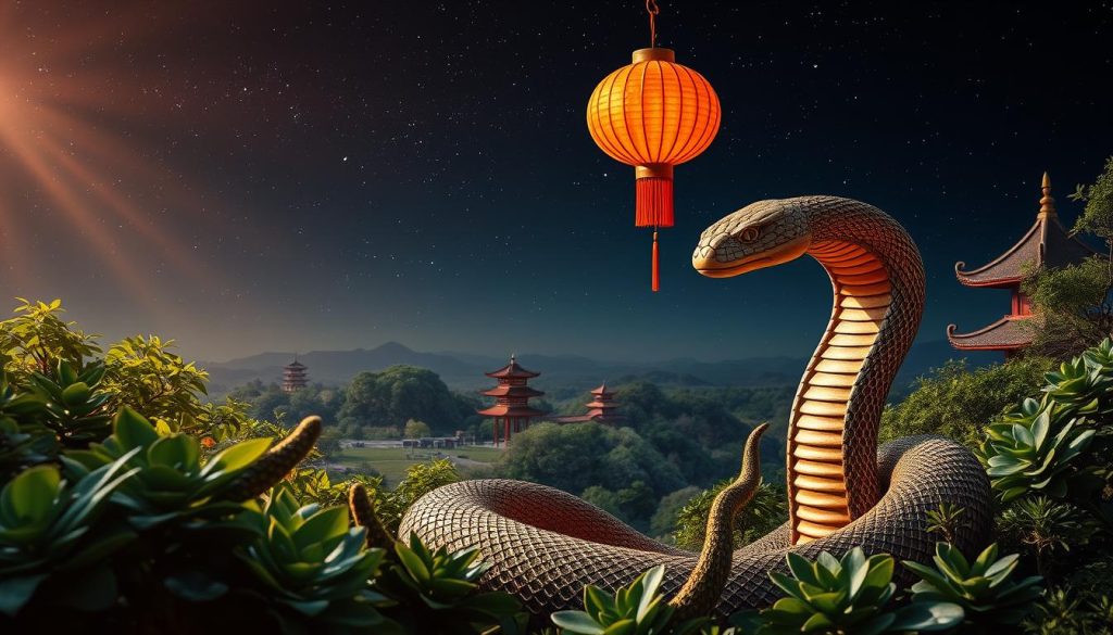 A serene, ethereal landscape set against the backdrop of a starry night sky. In the foreground, a majestic, coiled wooden snake sculpture emerges from the lush, verdant foliage, its scales glistening with a subtle metallic sheen. The snake's body flows gracefully, giving the impression of movement and life. Warm, ambient lighting casts a soft glow, creating an inviting and contemplative atmosphere. In the middle ground, a traditional Chinese lantern hovers, its delicate paper frame casting a warm, amber-tinted radiance. In the distance, the silhouettes of ancient pagodas and temples can be seen, hinting at the rich cultural heritage of the Year of the Wooden Snake. The overall composition evokes a sense of harmony, wisdom, and the timeless cycles of nature. A serene, ethereal landscape set against the backdrop of a starry night sky. In the foreground, a majestic, coiled wooden snake sculpture emerges from the lush, verdant foliage, its scales glistening with a subtle metallic sheen. The snake's body flows gracefully, giving the impression of movement and life. Warm, ambient lighting casts a soft glow, creating an inviting and contemplative atmosphere. In the middle ground, a traditional Chinese lantern hovers, its delicate paper frame casting a warm, amber-tinted radiance. In the distance, the silhouettes of ancient pagodas and temples can be seen, hinting at the rich cultural heritage of the Year of the Wooden Snake. The overall composition evokes a sense of harmony, wisdom, and the timeless cycles of nature.