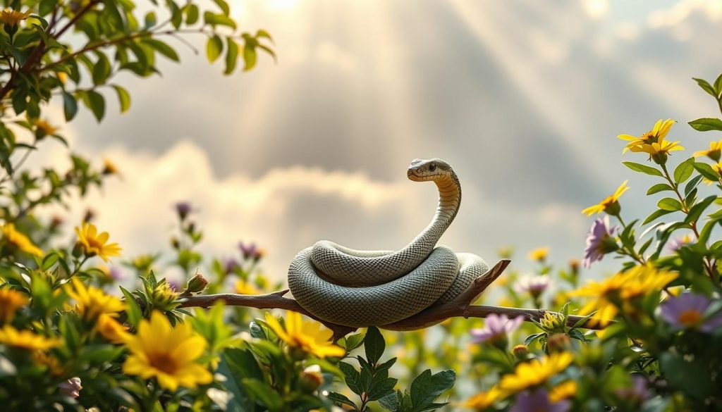 A serene garden setting, with lush greenery and vibrant flowers in shades of green, yellow, and purple. In the center, a graceful snake coiled around a branch, its scales glistening in the soft, warm light. The snake's eyes are closed, and it appears to be meditating, exuding a sense of tranquility and inner peace. In the background, a cloudy sky with rays of sunlight peeking through, creating a calming, atmospheric ambiance. The overall scene conveys a sense of harmony, balance, and good fortune, reflecting the theme of "счастливые и несчастливые факторы для знака Змеи". A serene garden setting, with lush greenery and vibrant flowers in shades of green, yellow, and purple. In the center, a graceful snake coiled around a branch, its scales glistening in the soft, warm light. The snake's eyes are closed, and it appears to be meditating, exuding a sense of tranquility and inner peace. In the background, a cloudy sky with rays of sunlight peeking through, creating a calming, atmospheric ambiance. The overall scene conveys a sense of harmony, balance, and good fortune, reflecting the theme of "счастливые и несчастливые факторы для знака Змеи".