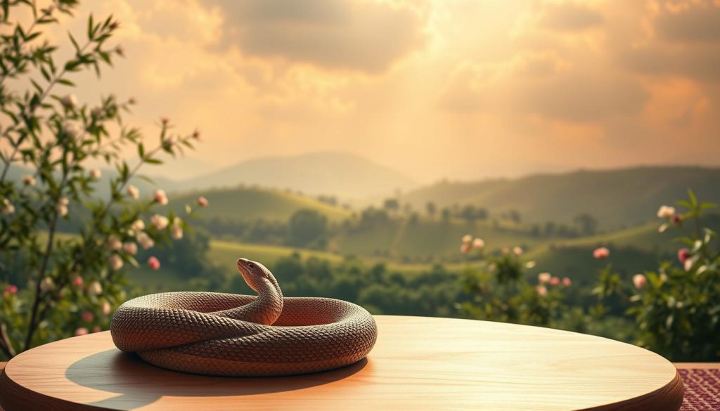 A serene, tranquil scene depicting the Chinese Year of the Wooden Snake for 2025. In the foreground, a majestic, coiled serpent rests atop a smooth, polished wood platform, its scales glistening in the soft, natural lighting. The snake's body undulates gracefully, conveying a sense of power and wisdom. In the middle ground, a lush, verdant landscape unfolds, with blooming flowers and swaying bamboo shoots casting dappled shadows. The background features a cloudy, atmospheric sky, tinged with warm, golden hues, creating a calming and contemplative mood. The overall composition evokes a harmonious blend of traditional Chinese aesthetics and the mystical energy of the snake, perfectly encapsulating the essence of the upcoming Year of the Wooden Snake. A serene, tranquil scene depicting the Chinese Year of the Wooden Snake for 2025. In the foreground, a majestic, coiled serpent rests atop a smooth, polished wood platform, its scales glistening in the soft, natural lighting. The snake's body undulates gracefully, conveying a sense of power and wisdom. In the middle ground, a lush, verdant landscape unfolds, with blooming flowers and swaying bamboo shoots casting dappled shadows. The background features a cloudy, atmospheric sky, tinged with warm, golden hues, creating a calming and contemplative mood. The overall composition evokes a harmonious blend of traditional Chinese aesthetics and the mystical energy of the snake, perfectly encapsulating the essence of the upcoming Year of the Wooden Snake.