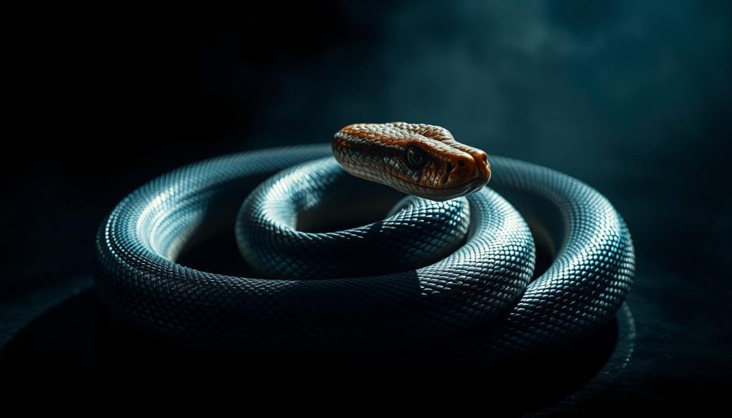 A serpentine figure coiled gracefully, its scales glimmering with an iridescent sheen. The snake's piercing gaze, filled with intuition and calculated precision, commands attention. Sinuous movements suggest a fluid, adaptable nature, while the creature's poise radiates an aura of quiet power. Shadows cast by the snake's form create a sense of mystery, hinting at the depths of its personality. The background is shrouded in a moody, atmospheric haze, allowing the subject to take center stage and captivate the viewer. Dramatic lighting accentuates the snake's captivating contours, evoking a sense of the creature's enigmatic allure.
