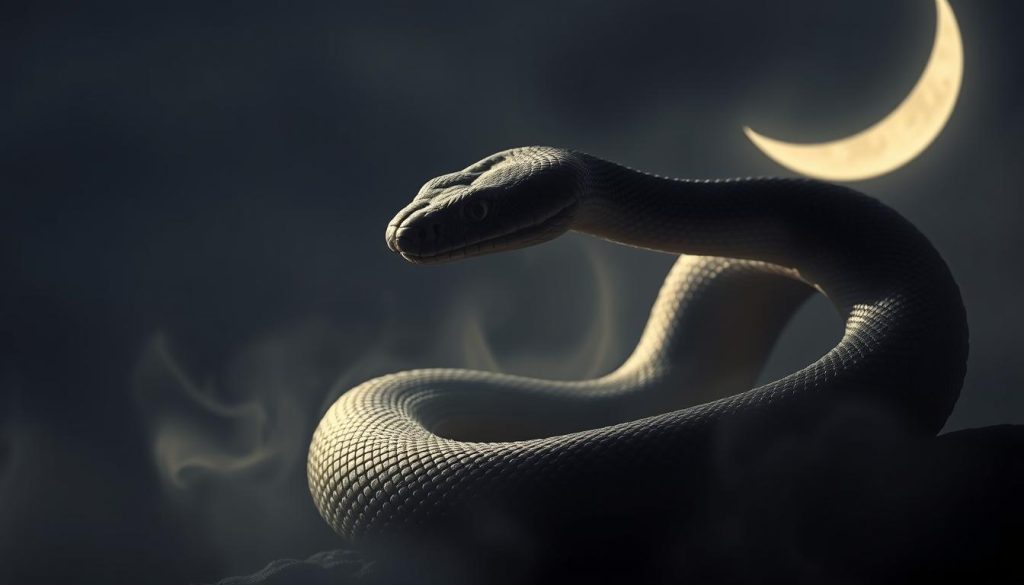 A serpentine silhouette coils against a moody, celestial backdrop. Shimmering scales catch the soft glow of a waning crescent moon, casting an ethereal light over the tranquil scene. The snake's piercing gaze is a silent, watchful presence, exuding a sense of power and wisdom. Intricate patterns adorn its form, hinting at the ancient mysteries of the Year of the Snake. Delicate tendrils of mist curl around the creature, creating an atmosphere of mysticism and the unknown. The overall composition evokes a sense of balance, transformation, and the cyclical nature of time. A serpentine silhouette coils against a moody, celestial backdrop. Shimmering scales catch the soft glow of a waning crescent moon, casting an ethereal light over the tranquil scene. The snake's piercing gaze is a silent, watchful presence, exuding a sense of power and wisdom. Intricate patterns adorn its form, hinting at the ancient mysteries of the Year of the Snake. Delicate tendrils of mist curl around the creature, creating an atmosphere of mysticism and the unknown. The overall composition evokes a sense of balance, transformation, and the cyclical nature of time.