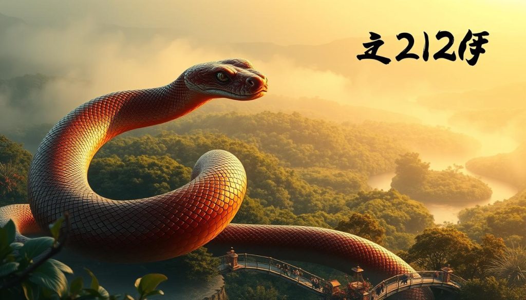 A striking and captivating illustration of the Year of the Snake, showcasing a coiled serpent with iridescent scales that glisten under a warm, golden light. The serpent's sinuous form fills the foreground, its piercing gaze and coiled power commanding the viewer's attention. In the middle ground, a lush, verdant landscape unfolds, with vibrant foliage and a serene, gently flowing river. The background is bathed in a soft, atmospheric haze, lending an air of mystery and timelessness to the scene. The overall composition evokes a sense of timeless elegance and the profound symbolism associated with the Year of the Snake.