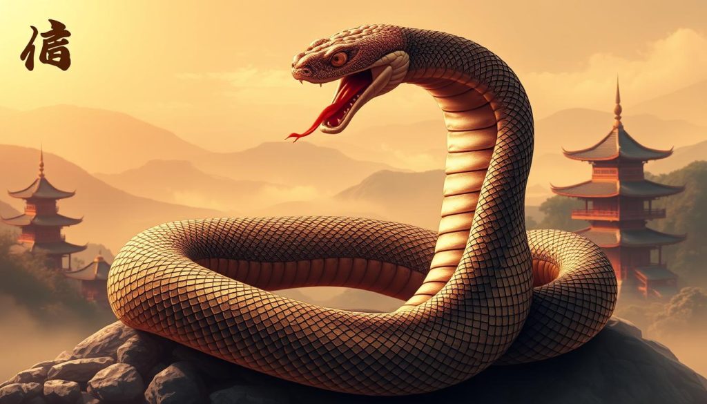 A striking, detailed illustration of the Chinese zodiac sign of the Snake. Depicted in a traditional East Asian style, the Snake embodies its signature sinuous movements, with scales glistening in an intricate pattern. The creature is poised in a coiled, alert stance, head raised and tongue flickering, conveying a sense of quiet power and grace. The background features a soothing, misty landscape of rolling hills and pagodas, evoking a serene, contemplative mood. Warm, harmonious lighting casts a gentle glow, highlighting the Snake's elegance and the tranquil setting. The overall composition captures the essence of the Snake's revered status in Chinese astrology - a symbol of wisdom, intuition and transformation.
