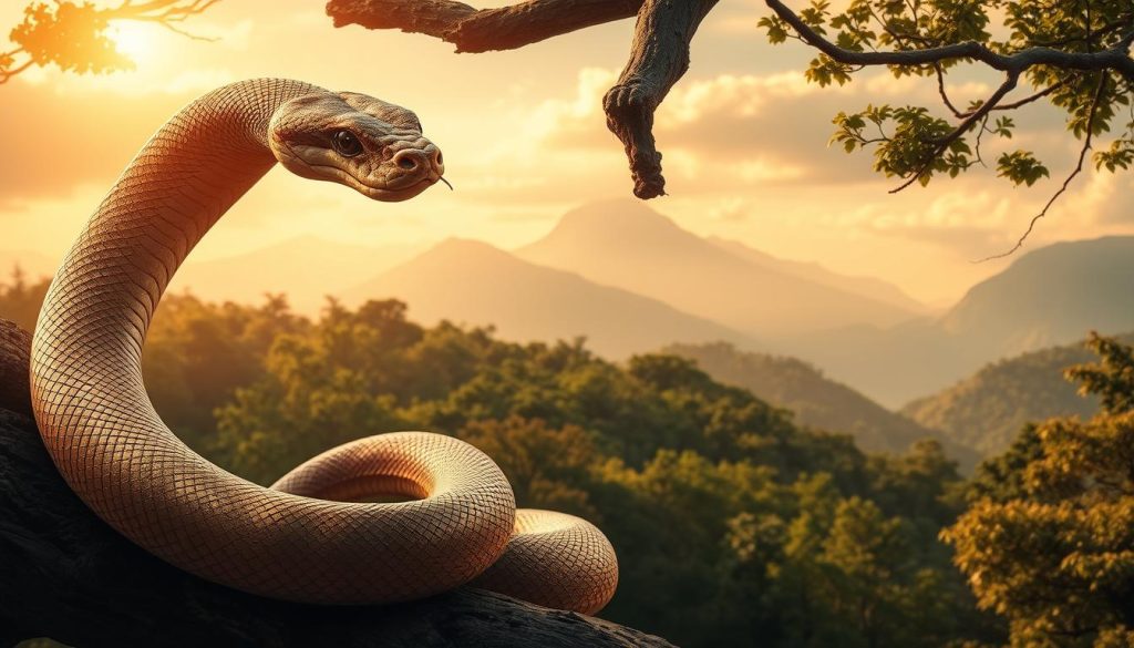 A striking illustration of the Year of the Snake, featuring a serene and mystical atmosphere. In the foreground, a coiled snake with shimmering scales wraps itself around a gnarled tree branch, its piercing gaze conveying a sense of wisdom and power. The middle ground showcases a lush, verdant forest bathed in soft, golden light, hinting at the harmony and prosperity associated with this zodiac sign. In the background, a distant mountain range shrouded in mist evokes a sense of timelessness and connection to the natural world. The overall composition exudes a sense of balance, intuition, and the hidden strengths of those born under the Year of the Snake. A striking illustration of the Year of the Snake, featuring a serene and mystical atmosphere. In the foreground, a coiled snake with shimmering scales wraps itself around a gnarled tree branch, its piercing gaze conveying a sense of wisdom and power. The middle ground showcases a lush, verdant forest bathed in soft, golden light, hinting at the harmony and prosperity associated with this zodiac sign. In the background, a distant mountain range shrouded in mist evokes a sense of timelessness and connection to the natural world. The overall composition exudes a sense of balance, intuition, and the hidden strengths of those born under the Year of the Snake.