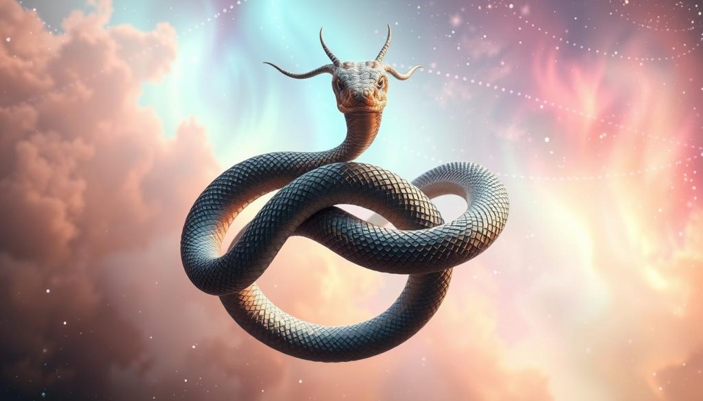A striking serpentine figure writhes against a vibrant, mystical backdrop. The snake's iridescent scales gleam in the soft, ethereal light, its sinuous coils evoking a sense of power and transformation. Swirling cosmic patterns and celestial motifs surround the creature, hinting at its profound connection to the cyclical nature of the heavens. Shimmering auroras dance across the sky, casting an otherworldly glow upon the scene. The composition is balanced and captivating, inviting the viewer to contemplate the significance of the Year of the Snake and its influence on those born under its sign. A striking serpentine figure writhes against a vibrant, mystical backdrop. The snake's iridescent scales gleam in the soft, ethereal light, its sinuous coils evoking a sense of power and transformation. Swirling cosmic patterns and celestial motifs surround the creature, hinting at its profound connection to the cyclical nature of the heavens. Shimmering auroras dance across the sky, casting an otherworldly glow upon the scene. The composition is balanced and captivating, inviting the viewer to contemplate the significance of the Year of the Snake and its influence on those born under its sign.
