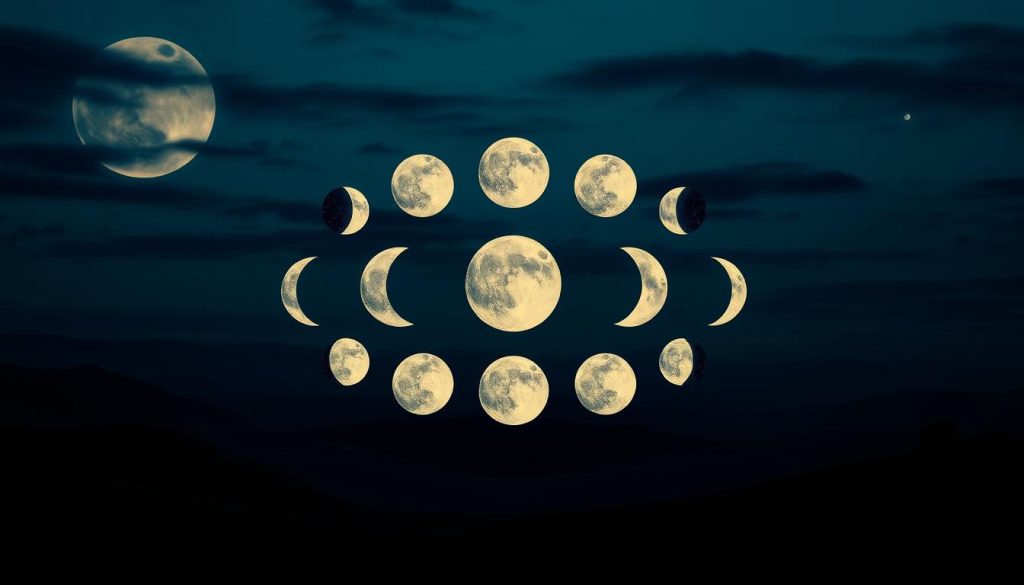 A stunning lunar calendar illustration, showcasing the phases of the moon against a moody, atmospheric backdrop. The foreground features a detailed, hand-drawn lunar calendar, with the phases of the moon represented in intricate detail. The middle ground depicts a serene, moonlit landscape, with rolling hills and a hint of a distant horizon. The background is a rich, deep blue sky, with subtle hints of stars and clouds, creating a sense of depth and mystique. The lighting is soft and dramatic, casting a warm, ethereal glow over the entire scene. The overall composition is balanced and visually striking, perfectly capturing the essence of the lunar calendar and its timeless significance.