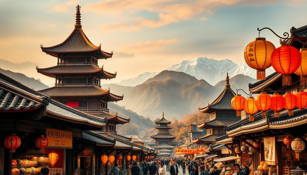 A sweeping landscape of ancient Chinese architecture, with ornate pagodas and temples nestled among rolling hills. The foreground features a bustling street market, where vendors sell vibrant silks, intricate porcelain, and fragrant spices. Warm, golden light filters through paper lanterns, casting a serene glow over the scene. In the background, majestic mountains rise, their peaks capped with snow. The composition evokes a sense of timeless tradition and cultural richness, inviting the viewer to immerse themselves in the enduring legacy of Chinese civilization.