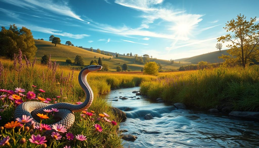A tranquil landscape of lush greenery, flowing water, and a serene sky, capturing the essence of "здоровье" or health and balance. In the foreground, a lithe serpent, its scales glistening in the soft, warm lighting, coils gracefully among a bed of vibrant wildflowers. The middle ground features a gently flowing stream, its crystal-clear waters reflecting the azure heavens above. In the distance, rolling hills dotted with verdant trees create a sense of depth and harmony. The overall composition evokes a sense of peace, rejuvenation, and the natural equilibrium that the Year of the Snake promises to bring.