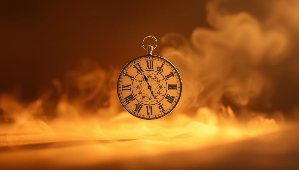 A tranquil scene depicting the intersection of Chinese zodiac and the birth hour. A delicate clockface with intricate zodiac symbols floats weightlessly in a serene, amber-hued atmosphere. Ethereal wisps of mist drift gently, casting a dreamlike, mystical ambiance. The clock hands point to a specific time, symbolizing the significance of one's birth hour in shaping personality and destiny according to the ancient Chinese astrological traditions. The composition is balanced, with the central clockface surrounded by subtle hints of the zodiac creatures. Soft, warm lighting imbues the image with a sense of timelessness and contemplation.