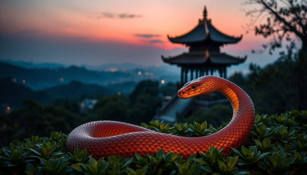 A tranquil scene of the Year of the Wooden Snake in the Chinese zodiac. In the foreground, a coiled snake with intricate scales crafted from earthy brown and golden hues rests peacefully on a bed of lush, verdant foliage. The mid-ground features a traditional Chinese pagoda with ornate, curved roofs silhouetted against a serene, twilight sky. In the background, rolling hills and a distant horizon are bathed in soft, warm lighting, creating an atmosphere of harmony and balance. The overall composition exudes a sense of ancient wisdom, natural vitality, and the cyclical nature of time.