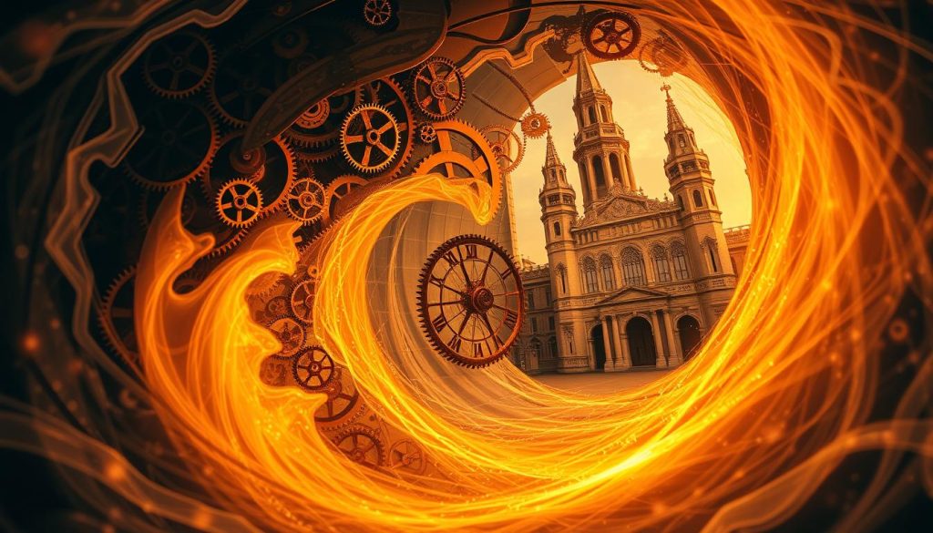 A vast, swirling vortex of time, the flow of past, present, and future converging in a mesmerizing display. Intricate gears and mechanisms, cogs turning with precision, weaving the tapestry of history. Ethereal wisps of energy, shimmering and pulsing, representing the constant evolution and transformation of the world. A majestic, cathedral-like structure in the background, its ornate arches and columns standing as sentinels to the march of time. Warm, amber lighting casts a contemplative glow, inviting the viewer to ponder the ebb and flow of civilizations. The scene exudes a sense of timelessness, where the past, present, and future seamlessly intertwine, a visual representation of the "Исторический контекст дня: как менялся мир к 21 ноября". A vast, swirling vortex of time, the flow of past, present, and future converging in a mesmerizing display. Intricate gears and mechanisms, cogs turning with precision, weaving the tapestry of history. Ethereal wisps of energy, shimmering and pulsing, representing the constant evolution and transformation of the world. A majestic, cathedral-like structure in the background, its ornate arches and columns standing as sentinels to the march of time. Warm, amber lighting casts a contemplative glow, inviting the viewer to ponder the ebb and flow of civilizations. The scene exudes a sense of timelessness, where the past, present, and future seamlessly intertwine, a visual representation of the "Исторический контекст дня: как менялся мир к 21 ноября".
