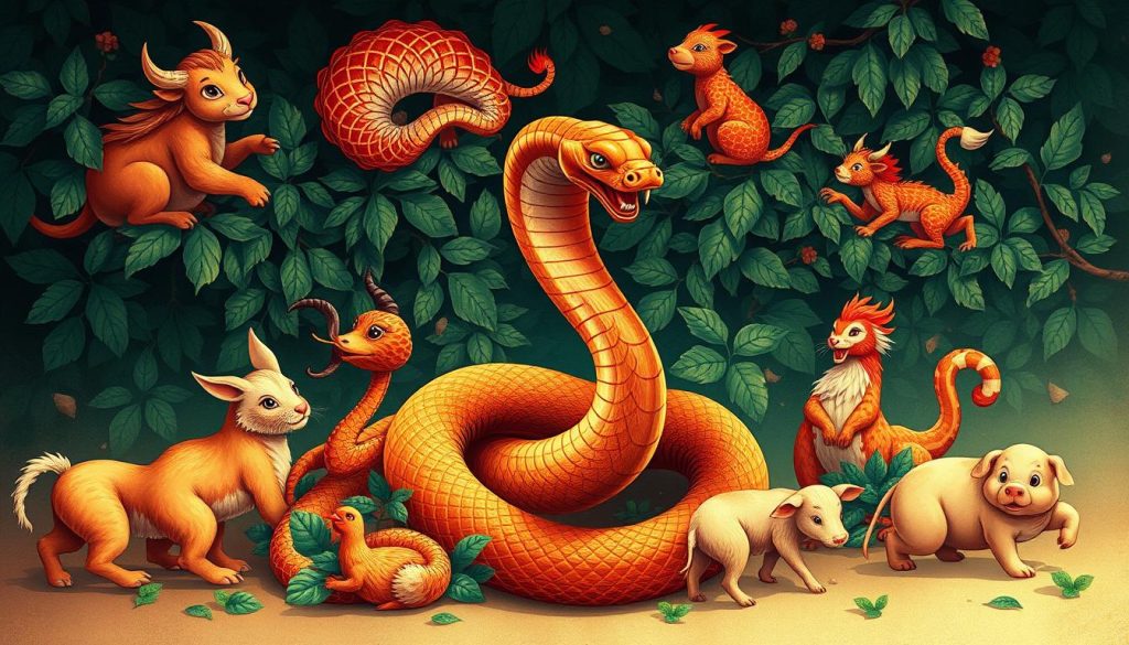 A vibrant and intricate illustration of the Chinese zodiac, showcasing the 12 animals that represent the ancient astrological system. The focal point is the graceful, serpentine form of the Wooden Snake, coiled majestically against a backdrop of lush, verdant foliage. Surrounding the Snake are the other iconic zodiac creatures - the Rat, Ox, Tiger, Rabbit, Dragon, Horse, Goat, Monkey, Rooster, Dog, and Pig - each rendered in exquisite detail, their distinct features and personalities shining through. The composition is balanced and harmonious, with a warm, earthy color palette that evokes the natural world. Subtle lighting casts a gentle, diffused glow, creating a sense of timelessness and mystique. This elegant, visually captivating image perfectly encapsulates the rich cultural heritage and enduring significance of the Chinese zodiac.