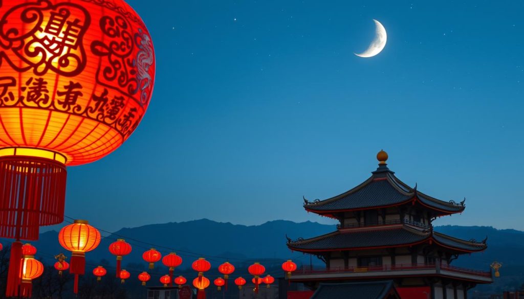 A vibrant Chinese lunar new year landscape, set against a clear night sky. In the foreground, a large, intricately carved red lantern casts a warm glow, surrounded by a scattering of smaller lanterns. In the middle ground, a pagoda-style temple rises, its roofs adorned with traditional dragon motifs. The background features a mountainous skyline, with the waxing crescent moon and twinkling stars above. The scene exudes a sense of timeless cultural tradition and celebration, with a serene, contemplative atmosphere. The lighting is soft and natural, with a touch of drama from the lanterns. Captured with a wide-angle lens to convey a sense of grandeur and immersion. A vibrant Chinese lunar new year landscape, set against a clear night sky. In the foreground, a large, intricately carved red lantern casts a warm glow, surrounded by a scattering of smaller lanterns. In the middle ground, a pagoda-style temple rises, its roofs adorned with traditional dragon motifs. The background features a mountainous skyline, with the waxing crescent moon and twinkling stars above. The scene exudes a sense of timeless cultural tradition and celebration, with a serene, contemplative atmosphere. The lighting is soft and natural, with a touch of drama from the lanterns. Captured with a wide-angle lens to convey a sense of grandeur and immersion.