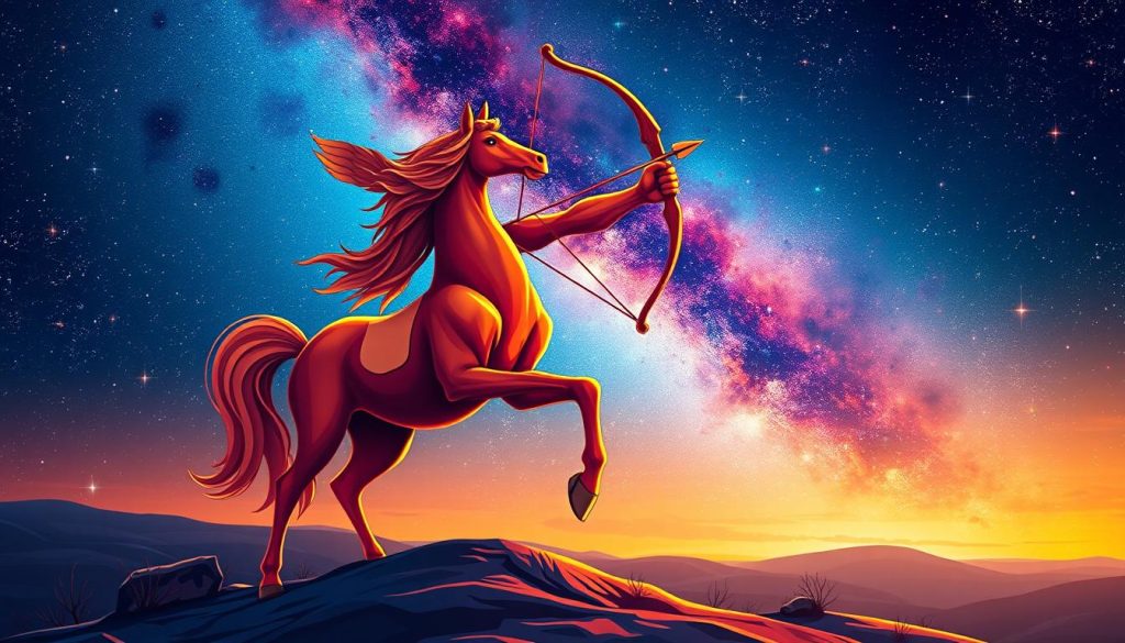 A vibrant digital illustration depicting the astrological sign of Sagittarius. In the foreground, a majestic centaur figure stands tall, its upper body that of a human and its lower body that of a horse, symbolizing the duality of Sagittarius' nature. The centaur holds a bow and arrow, representing the Sagittarian's adventurous and ambitious spirit. In the middle ground, a starry night sky serves as the backdrop, with swirling galaxies and constellations illuminating the scene. The color palette is a harmonious blend of warm earth tones and vibrant celestial hues, evoking the Sagittarian's fiery and mystical essence. The overall composition is dynamic and visually striking, capturing the essence of the Sagittarius horoscope in a captivating and artistic manner. A vibrant digital illustration depicting the astrological sign of Sagittarius. In the foreground, a majestic centaur figure stands tall, its upper body that of a human and its lower body that of a horse, symbolizing the duality of Sagittarius' nature. The centaur holds a bow and arrow, representing the Sagittarian's adventurous and ambitious spirit. In the middle ground, a starry night sky serves as the backdrop, with swirling galaxies and constellations illuminating the scene. The color palette is a harmonious blend of warm earth tones and vibrant celestial hues, evoking the Sagittarian's fiery and mystical essence. The overall composition is dynamic and visually striking, capturing the essence of the Sagittarius horoscope in a captivating and artistic manner.