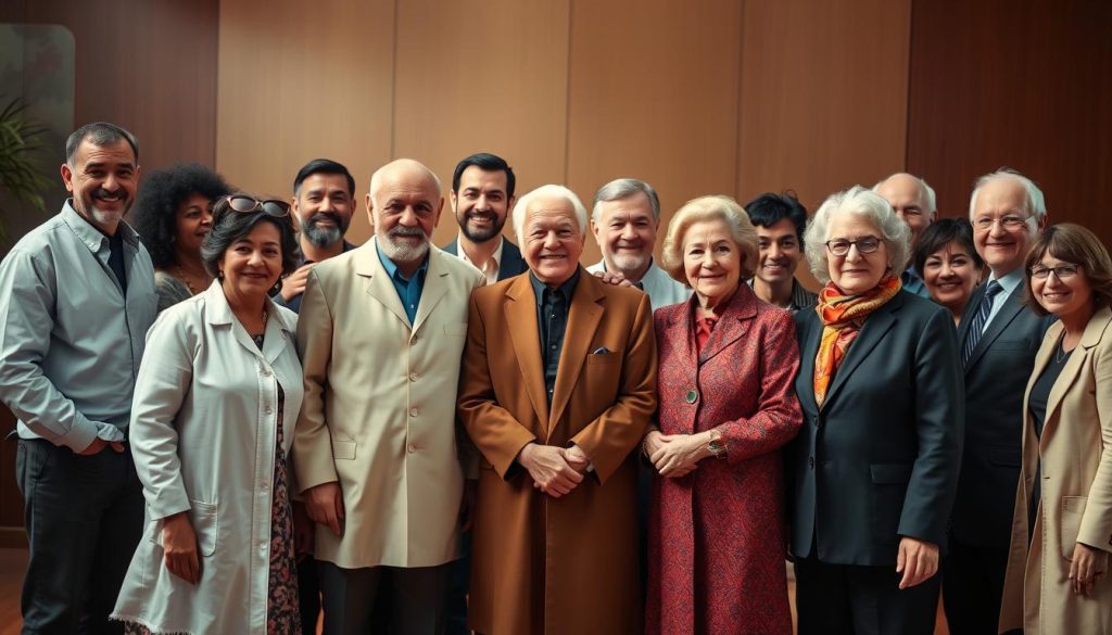 A vibrant group portrait of renowned figures in art, science, and sports, captured in a warm and celebratory atmosphere. The scene depicts an eclectic ensemble of люди standing together, their diverse backgrounds and achievements represented in their attire and expressions. Soft, diffused lighting casts a gentle glow, creating a sense of harmony and unity. The composition is balanced, with the subjects arranged in a visually pleasing manner, inviting the viewer to appreciate their individual accomplishments and shared humanity. The overall tone conveys a sense of inspiration, achievement, and the enduring legacy of these notable люди.