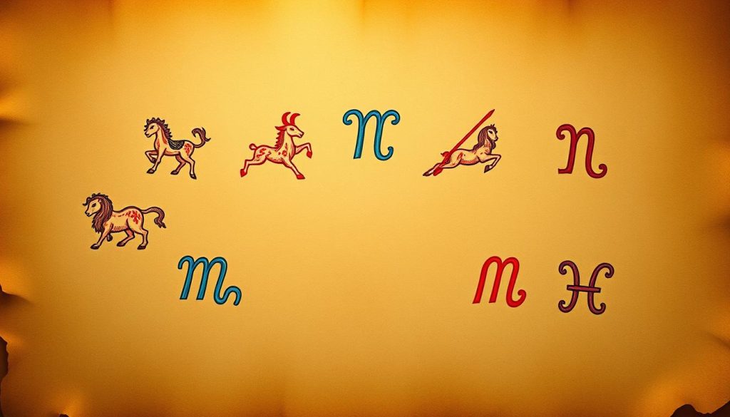 A vibrant, hand-drawn illustration of the zodiac symbols on a rich, textured parchment background. The twelve zodiac signs, each represented by its iconic astrological glyph, are meticulously rendered with intricate linework and vibrant colors, exuding a sense of mysticism and ancient wisdom. The composition features a dynamic arrangement, with the symbols cascading across the frame in a visually captivating manner. Subtle ethereal lighting casts a warm, atmospheric glow, creating depth and a sense of timelessness. The overall aesthetic evokes the feel of a vintage astrological chart or a medieval manuscript, perfectly suited to illustrate the "что сегодня за день в истории, кто родился, чей день, гороскопы 7,11,2025" section of the article.