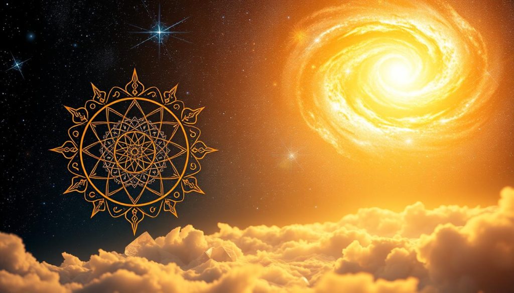 A vibrant, holistic composition showcasing the concept of "совместимость" (compatibility) on a celestial backdrop. In the foreground, an ornate, intricate astrological symbol composed of intertwining celestial motifs, representing the harmonious interconnectedness of various life spheres. The middle ground features a serene, dreamlike landscape with floating crystals and geometric shapes, symbolizing the balance and alignment of different energies. In the background, a majestic, starry night sky with swirling galaxies and cosmic phenomena, evoking a sense of wonder and the expansive nature of human existence. The scene is bathed in a warm, golden light, creating an atmosphere of tranquility and enlightenment. A visually captivating and conceptually rich interpretation of the given theme.