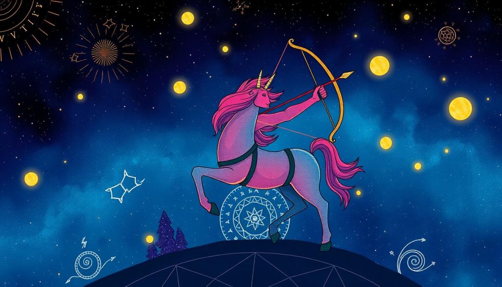 A vibrant illustration of the zodiac sign Sagittarius, showcasing a dynamic centaur figure against a starry night sky. The centaur stands tall, bow in hand, radiating an air of adventure and exploration. Intricate celestial patterns and glowing celestial bodies form the atmospheric background, evoking a sense of mysticism and cosmic wonder. The overall composition conveys the Sagittarian's traits of optimism, adventurousness, and a deep connection to the natural world. A vibrant illustration of the zodiac sign Sagittarius, showcasing a dynamic centaur figure against a starry night sky. The centaur stands tall, bow in hand, radiating an air of adventure and exploration. Intricate celestial patterns and glowing celestial bodies form the atmospheric background, evoking a sense of mysticism and cosmic wonder. The overall composition conveys the Sagittarian's traits of optimism, adventurousness, and a deep connection to the natural world.