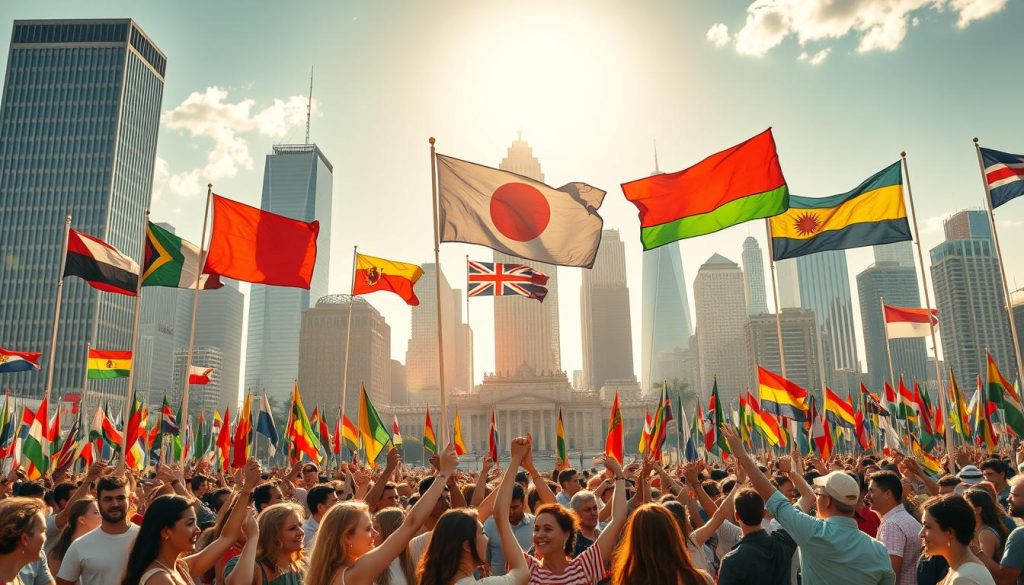 A vibrant, international celebration of global awareness and unity, with flags from around the world unfurling against a backdrop of a sun-dappled cityscape. Towering skyscrapers and historic landmarks stand tall, symbolizing the shared ideals and interconnectedness of humanity. In the foreground, a diverse gathering of people from all walks of life join hands, their faces alight with joy and a sense of shared purpose. The lighting is warm and golden, casting a celebratory glow over the scene. A wide-angle lens captures the scale and grandeur of this momentous occasion, a testament to the power of global cooperation and cultural exchange. A vibrant, international celebration of global awareness and unity, with flags from around the world unfurling against a backdrop of a sun-dappled cityscape. Towering skyscrapers and historic landmarks stand tall, symbolizing the shared ideals and interconnectedness of humanity. In the foreground, a diverse gathering of people from all walks of life join hands, their faces alight with joy and a sense of shared purpose. The lighting is warm and golden, casting a celebratory glow over the scene. A wide-angle lens captures the scale and grandeur of this momentous occasion, a testament to the power of global cooperation and cultural exchange.