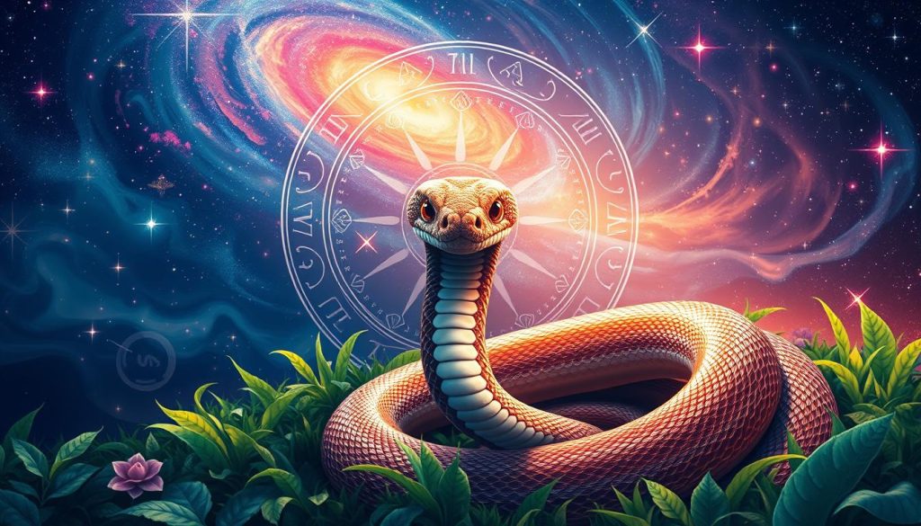 A vibrant, intricate illustration depicting the astrological sign of the Snake. In the foreground, a coiled serpent emerges from a lush, verdant background, its scales shimmering with an iridescent sheen. The snake's piercing gaze commands attention, exuding an air of mystery and wisdom. In the middle ground, celestial symbols and motifs swirl around the central figure, hinting at the Snake's deep connection to the cosmos. The background is a dreamlike tapestry of swirling galaxies, nebulae, and shimmering stars, creating a sense of timeless, otherworldly beauty. The overall atmosphere is one of contemplation, introspection, and the exploration of the self and one's place in the grand tapestry of the universe. A vibrant, intricate illustration depicting the astrological sign of the Snake. In the foreground, a coiled serpent emerges from a lush, verdant background, its scales shimmering with an iridescent sheen. The snake's piercing gaze commands attention, exuding an air of mystery and wisdom. In the middle ground, celestial symbols and motifs swirl around the central figure, hinting at the Snake's deep connection to the cosmos. The background is a dreamlike tapestry of swirling galaxies, nebulae, and shimmering stars, creating a sense of timeless, otherworldly beauty. The overall atmosphere is one of contemplation, introspection, and the exploration of the self and one's place in the grand tapestry of the universe.